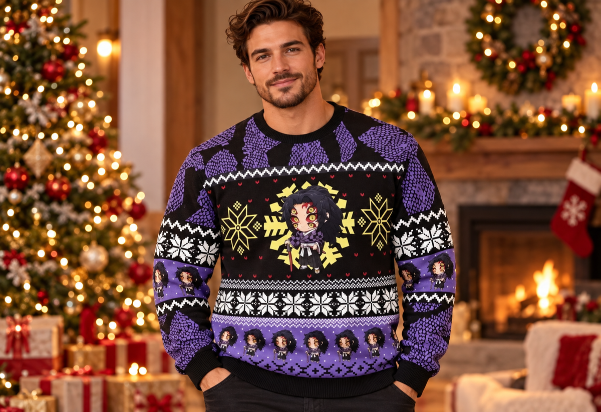 Kokushibo sweater worn in a professional holiday studio photoshoot