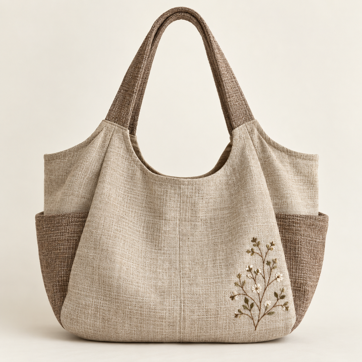 Oatmeal Mori Kei shoulder tote with botanical stitching