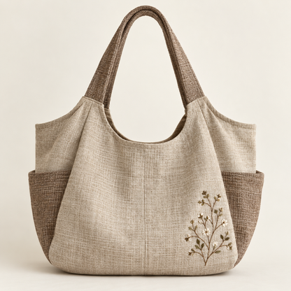 Oatmeal Mori Kei shoulder tote with botanical stitching