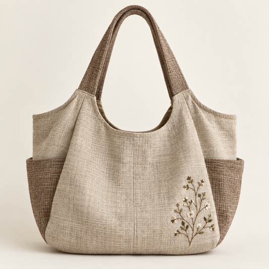 Oatmeal Mori Kei shoulder tote with botanical stitching