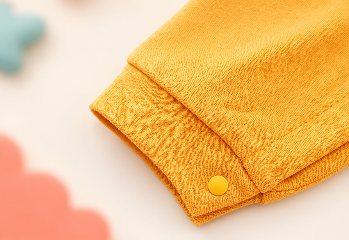 Golden leg opening with matching snap on the Yamcha inspired baby onesie