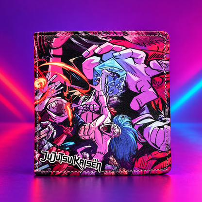 JJK Characters wallet straight-on front view in vivid violet studio