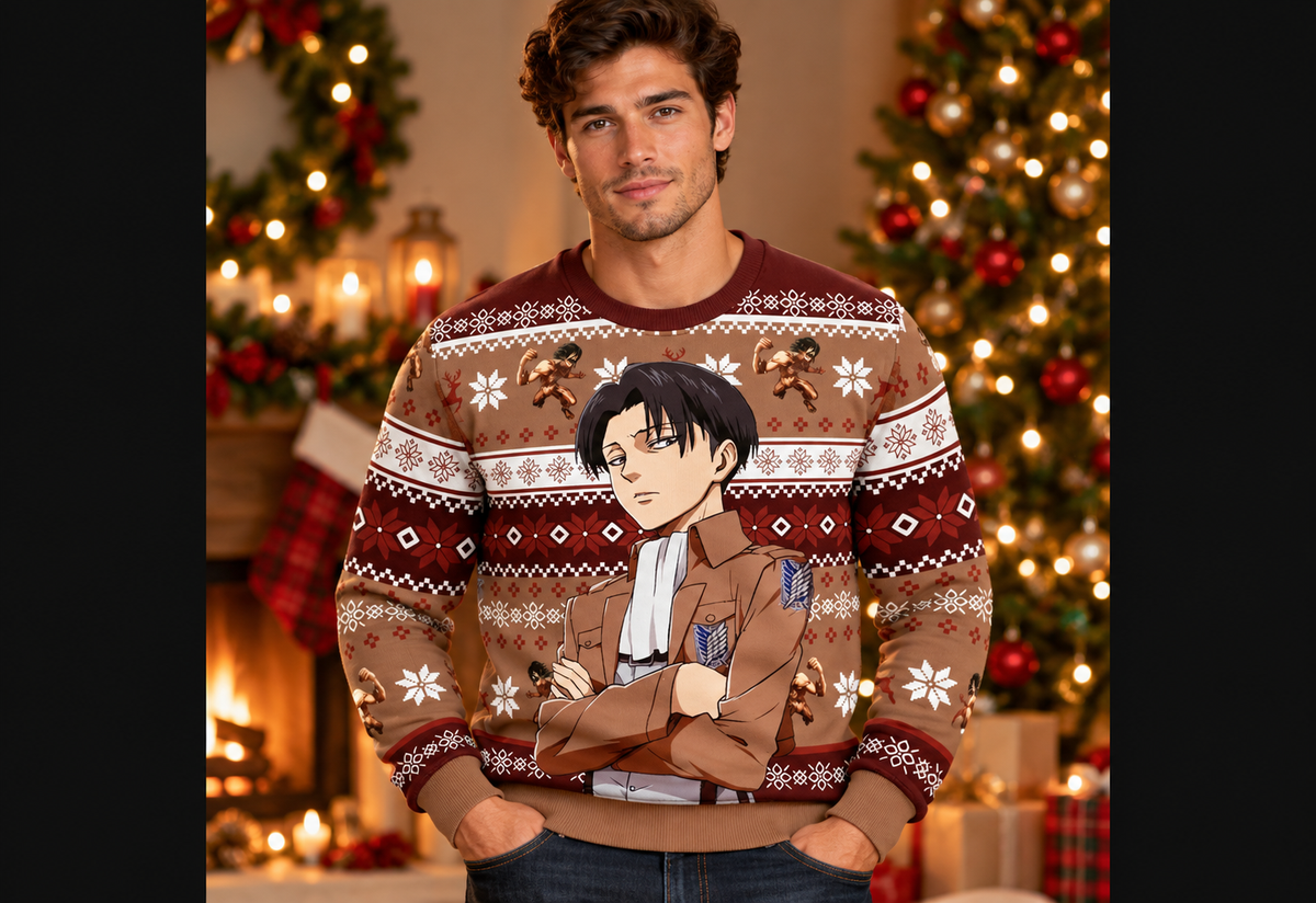 Levi sweater worn in a professional holiday studio photoshoot