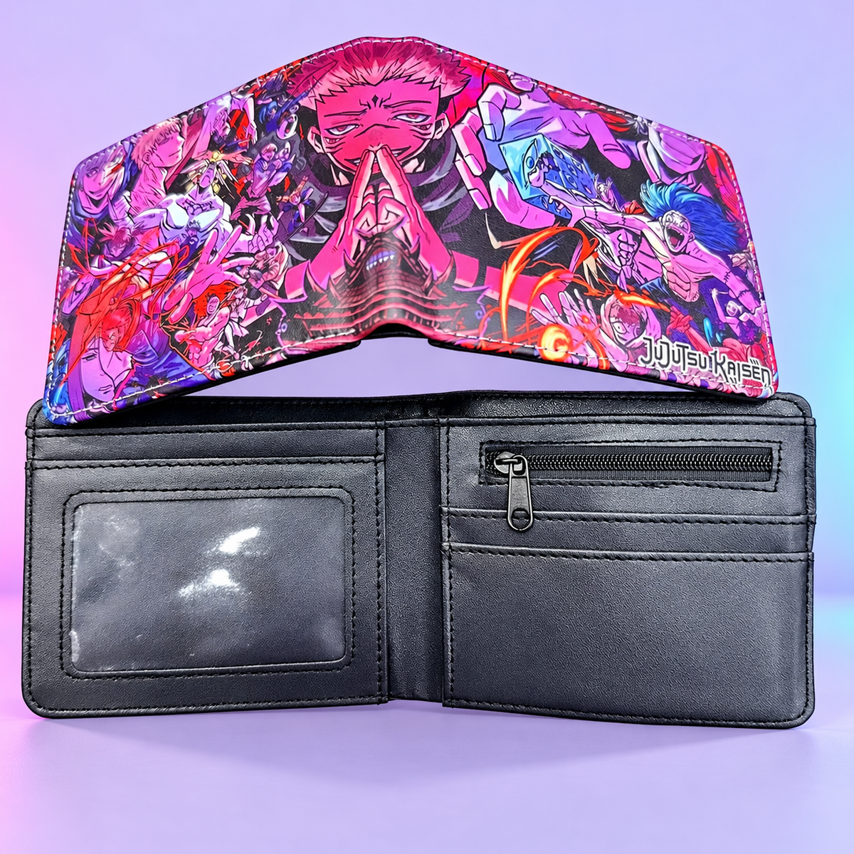 Open JJK Characters wallet with dark card slots, clear ID window and zip pocket