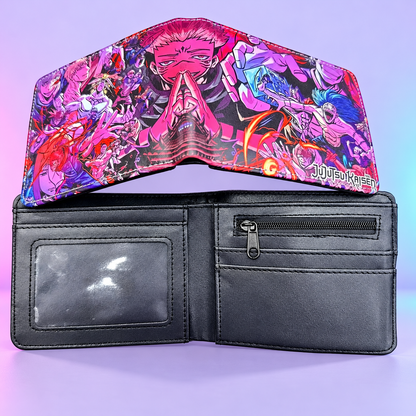 Open JJK Characters wallet with dark card slots, clear ID window and zip pocket
