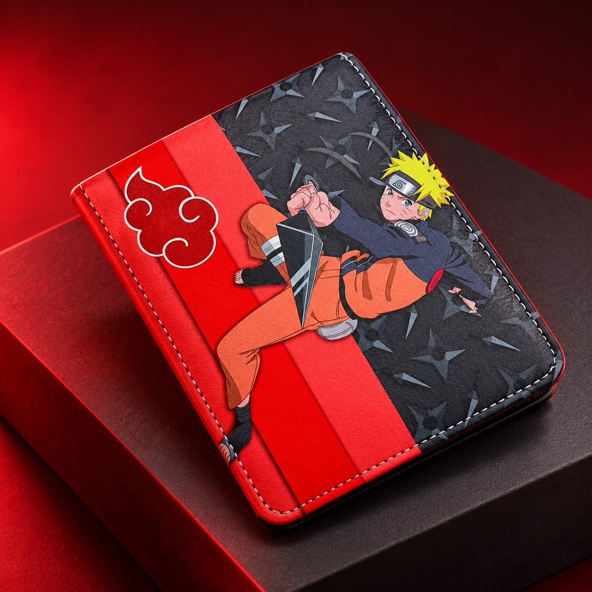 Akatsuki Naruto wallet angled closed view with red cloud emblem