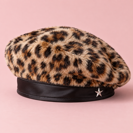 Leopard-print faux-fur Gyaru beret with a silver star pin