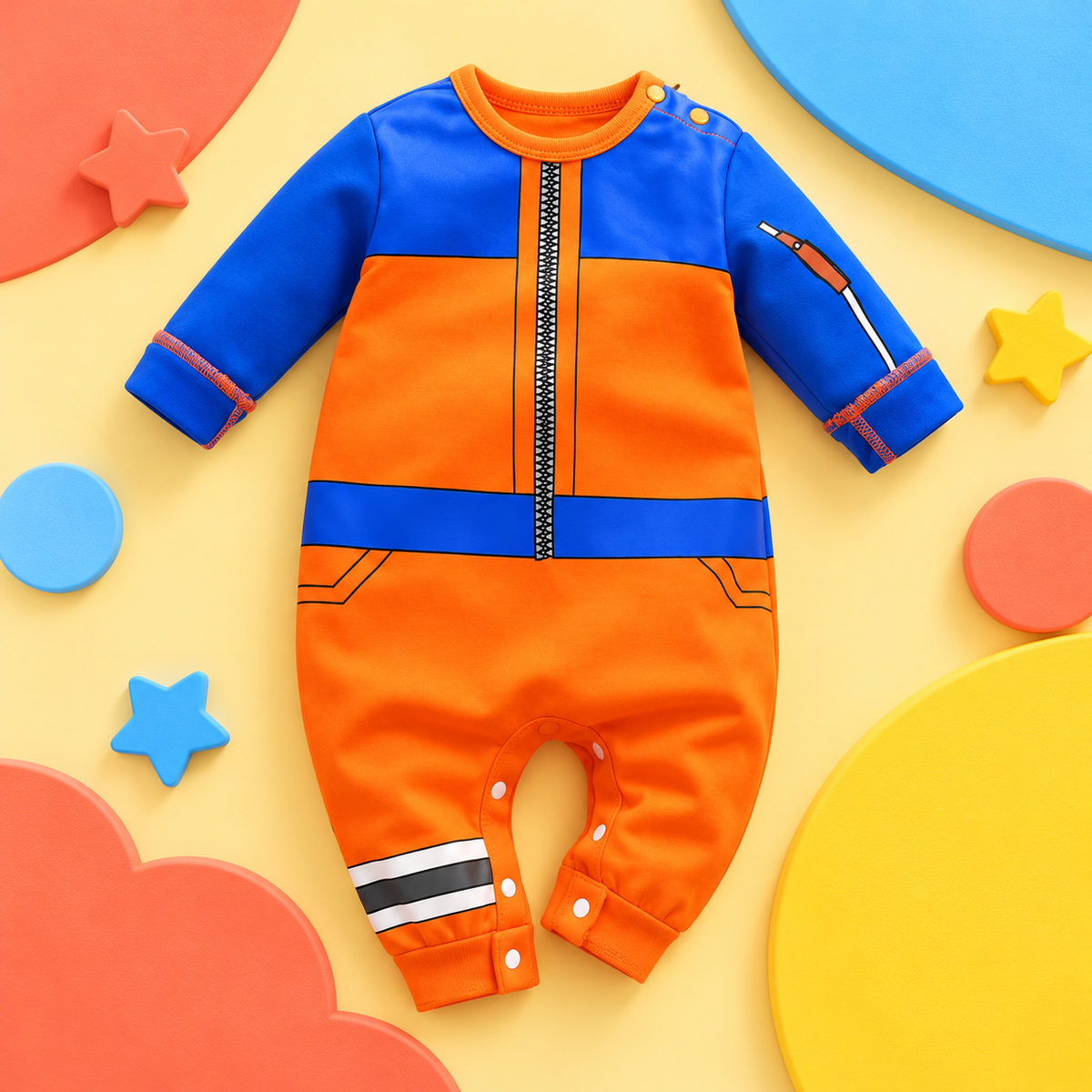 Front view of Shinobi Anime Baby Onesie in vivid orange and cobalt blue, art-directed in colorful blocks