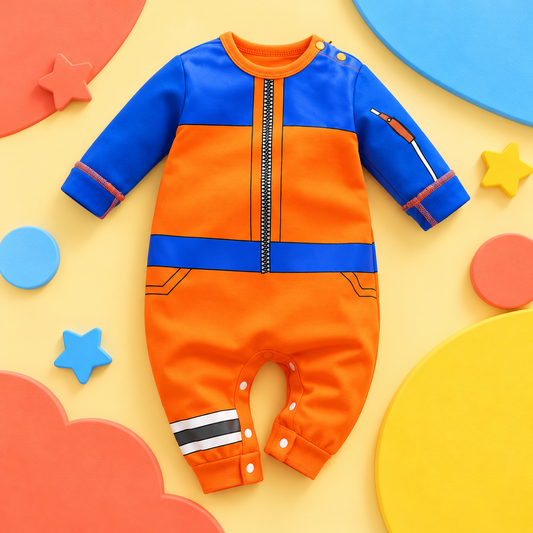 Front view of Shinobi Anime Baby Onesie in vivid orange and cobalt blue, art-directed in colorful blocks