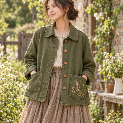 Moss-green Mori Kei jacket styled with an oatmeal blouse and layered skirt