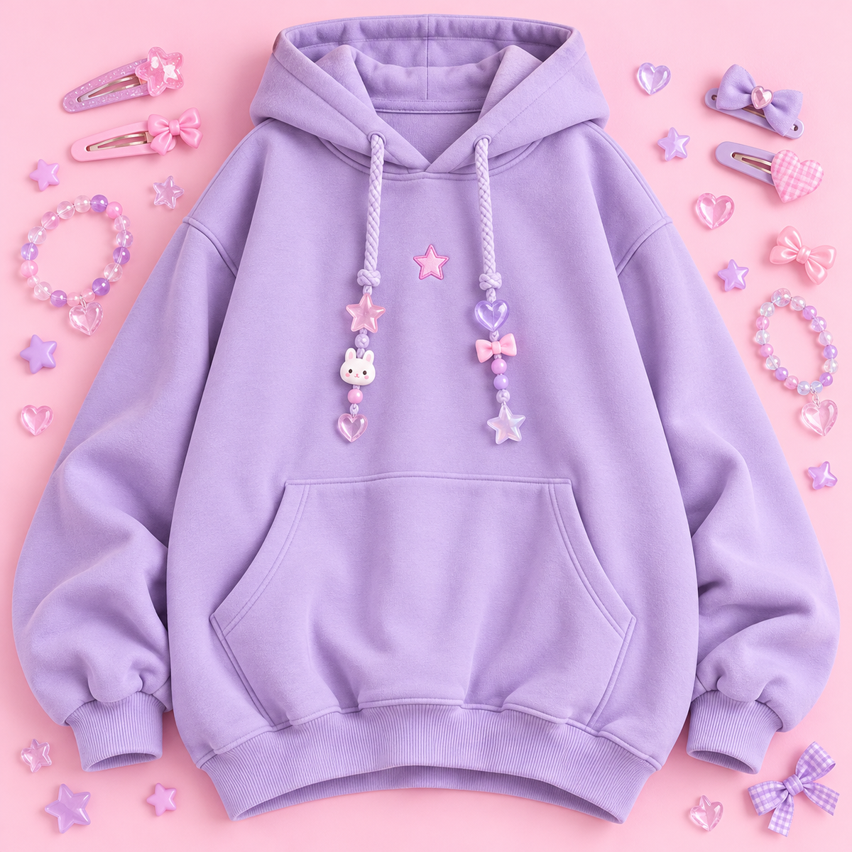 Lavender Harajuku hoodie with pink star embroidery and pastel drawstring charms