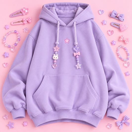 Lavender Harajuku hoodie with pink star embroidery and pastel drawstring charms