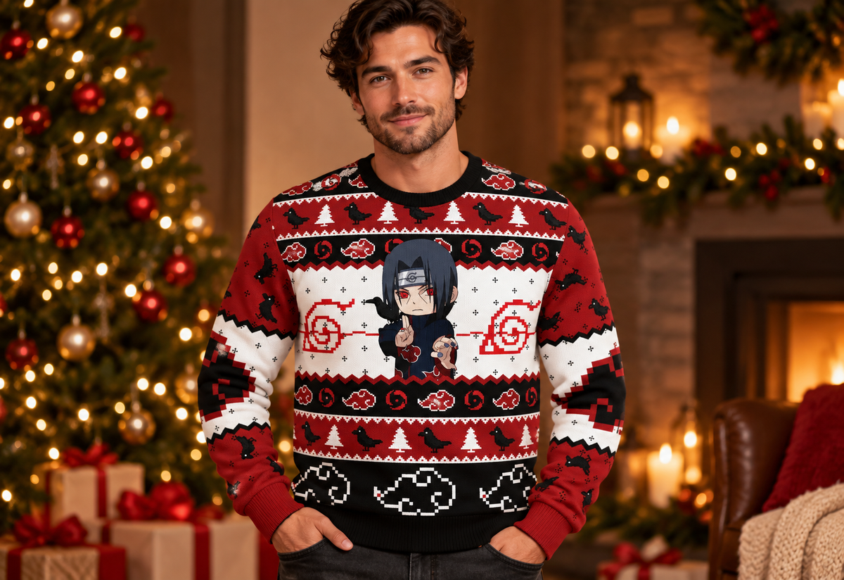 Itachi sweater worn in a professional holiday studio photoshoot