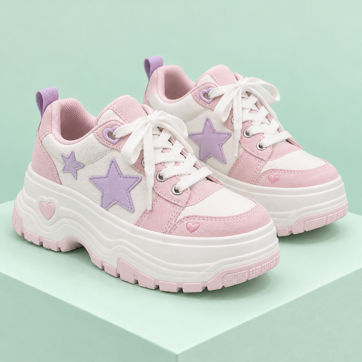 Pink and white Harajuku platform sneakers with lavender stars and heart details
