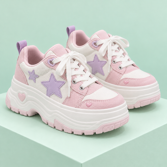 Pink and white Harajuku platform sneakers with lavender stars and heart details