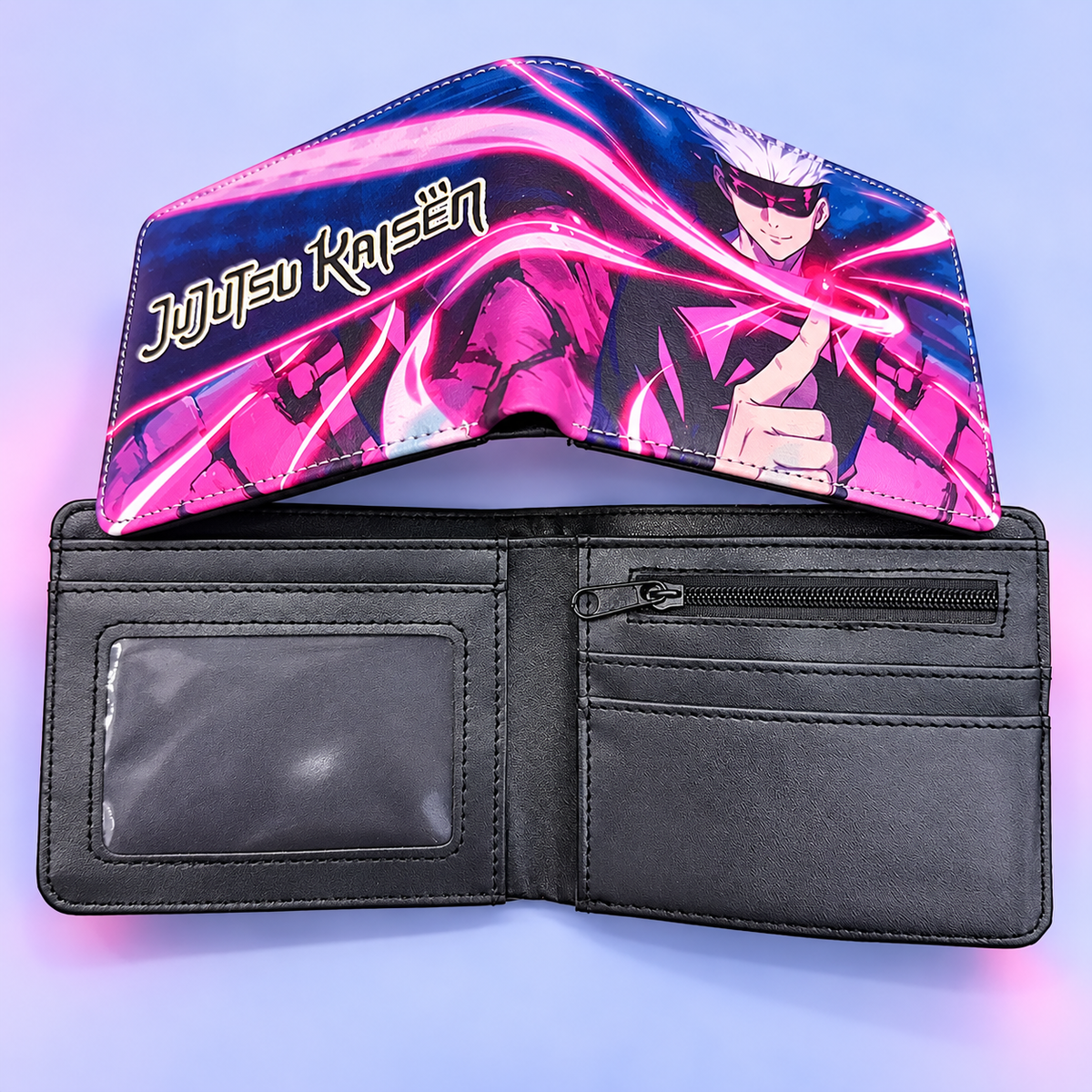 Open Gojo JJK wallet showing card slots, ID window and zip pocket