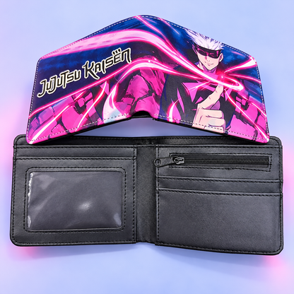 Open Gojo JJK wallet showing card slots, ID window and zip pocket