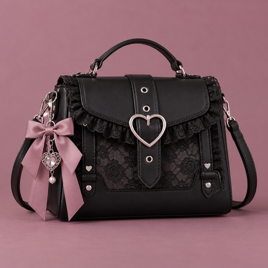 Black Jirai Kei shoulder bag with heart buckle and rose bow