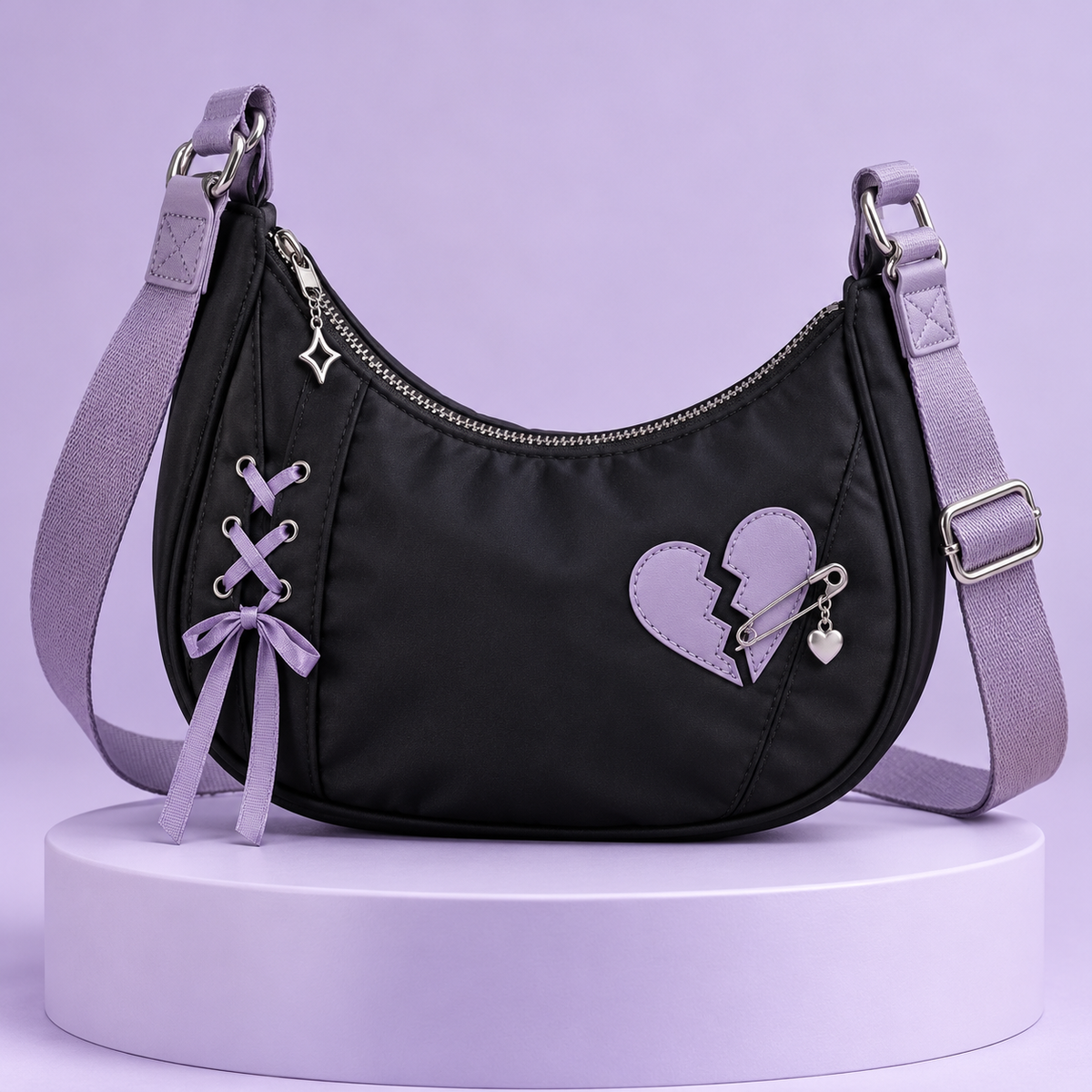 Black Yami Kawaii crescent bag with lavender strap and broken heart patch