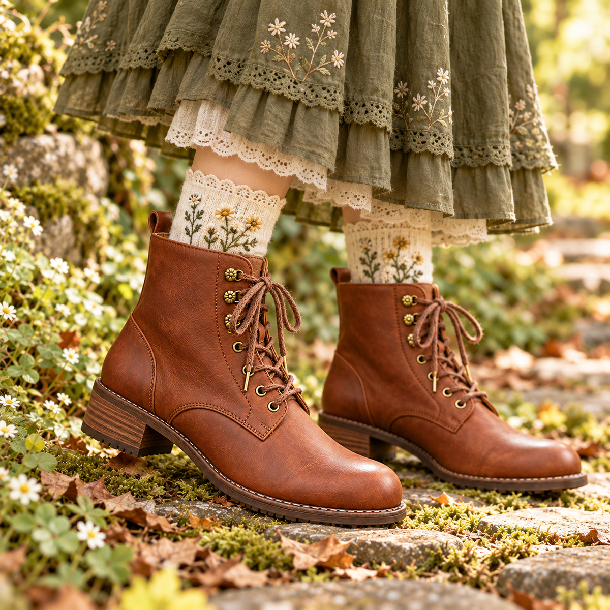 Chestnut Mori Kei ankle boots styled with embroidered socks and an olive skirt