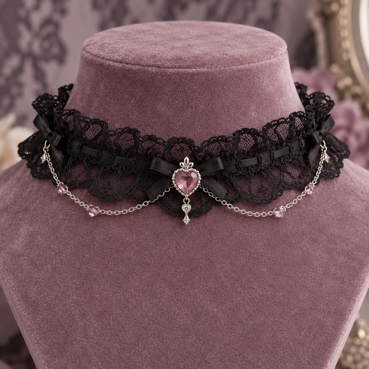 Black lace Jirai Kei choker with dusty rose heart pendant