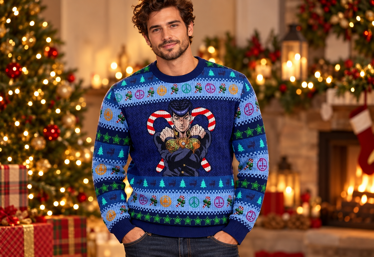 Josuke sweater worn in a professional holiday studio photoshoot