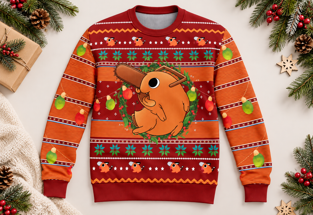 Pochita sweater arranged in a professional holiday flat lay
