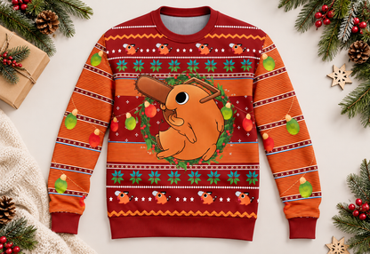 Pochita sweater arranged in a professional holiday flat lay