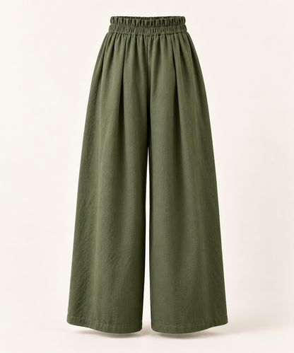 Moss green wide-leg Mori Kei trousers, back view