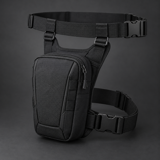Black techwear thigh pouch with adjustable waist and leg straps
