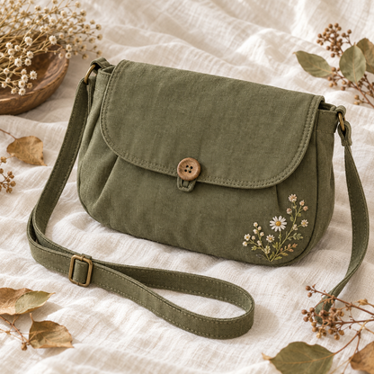 Olive-green Mori Kei crossbody satchel with flower embroidery and wood-tone button