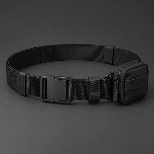 Black techwear webbing belt with utility pouch and matte buckle