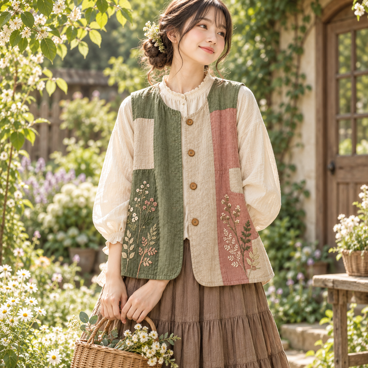 Mori Kei patchwork vest styled over a cream blouse and brown skirt