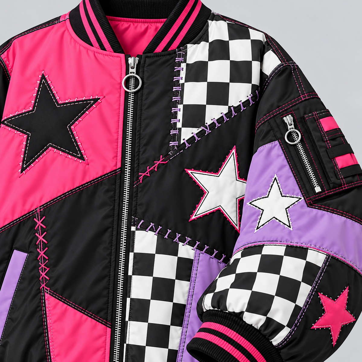 Detail of star patches, checkerboard panels, and stitching on Harajuku jacket