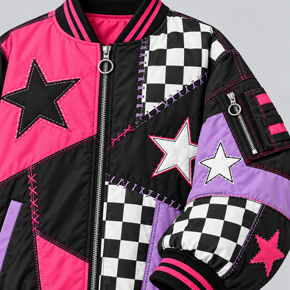 Detail of star patches, checkerboard panels, and stitching on Harajuku jacket