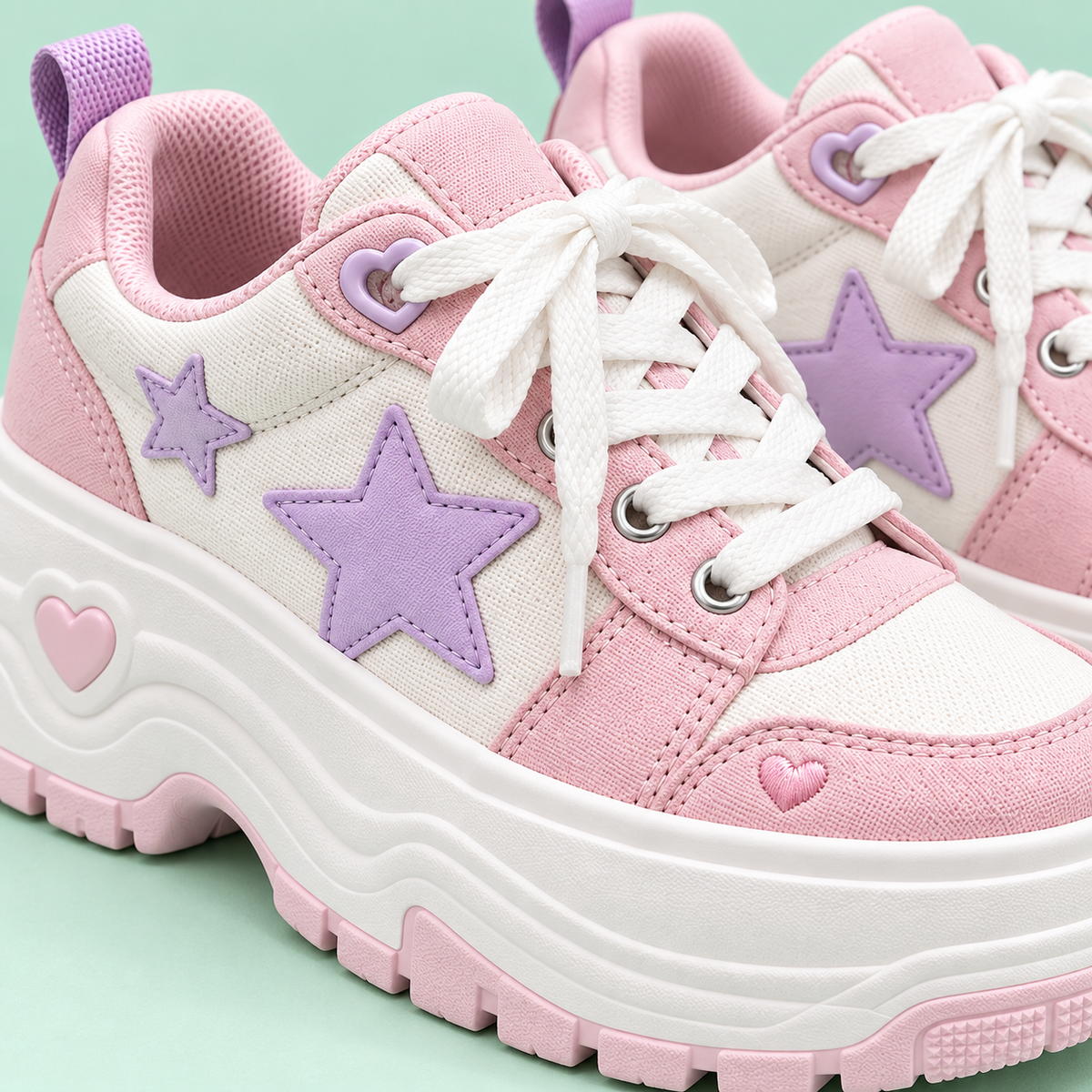 Close-up of lavender star appliques and chunky sole on Harajuku sneakers