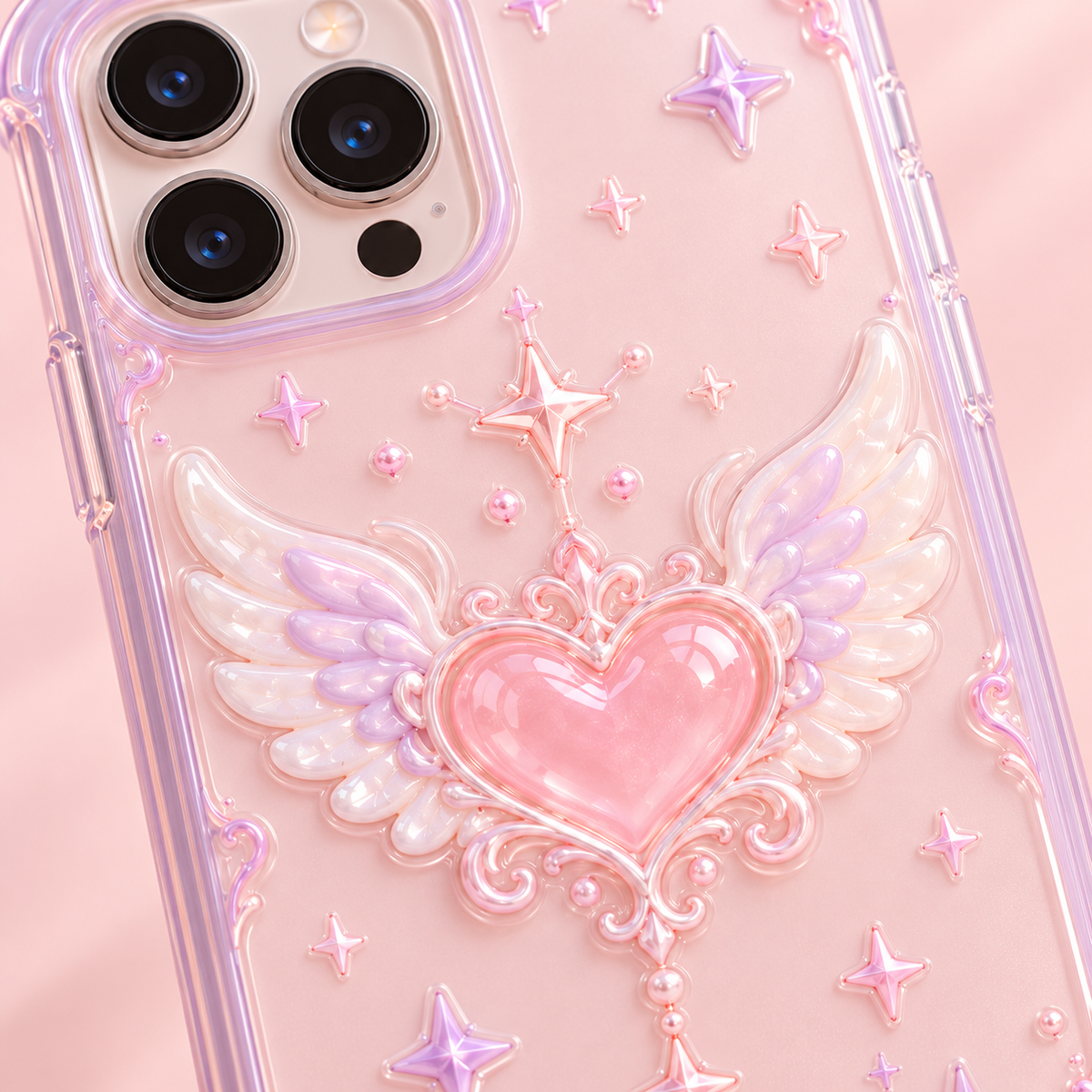 Close-up of the winged heart artwork on the pink angel phone case