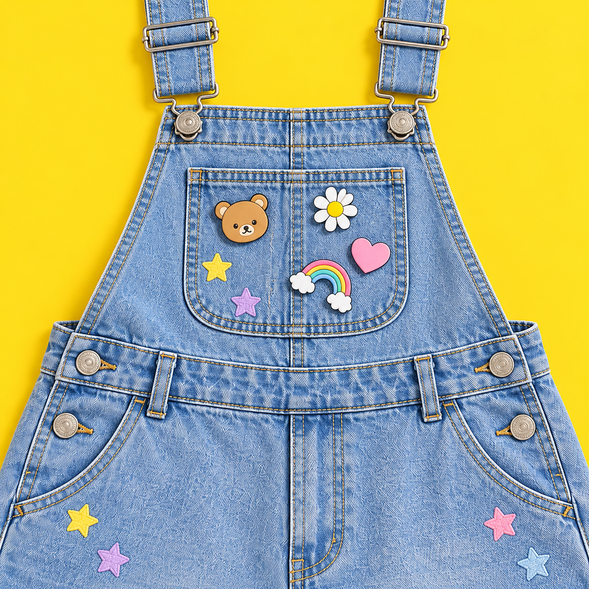 Close detail of the bib, straps, and colorful pins on denim overall shorts