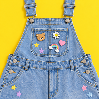 Close detail of the bib, straps, and colorful pins on denim overall shorts