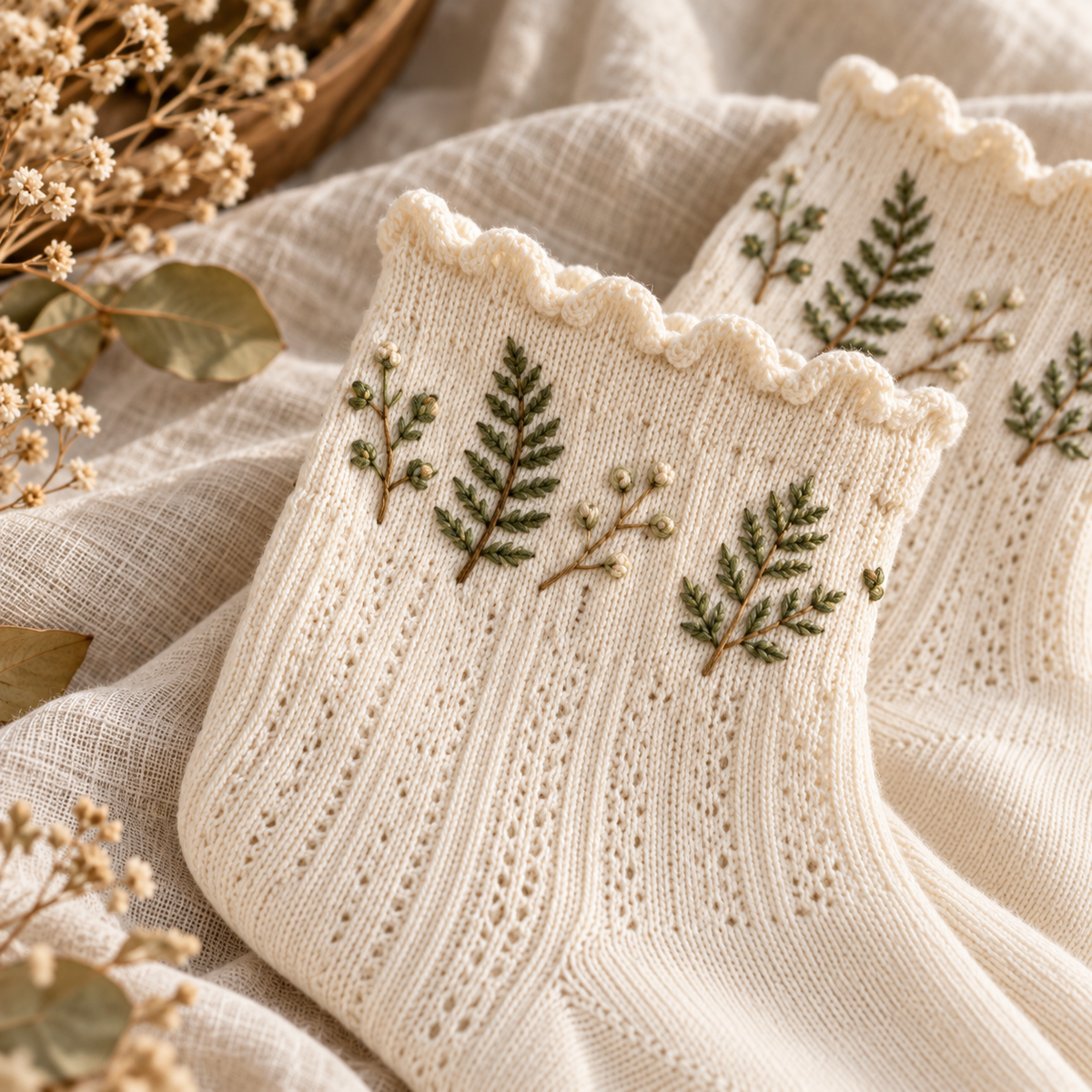 Close-up of fern embroidery and scalloped cuff on cream Mori Kei ankle socks