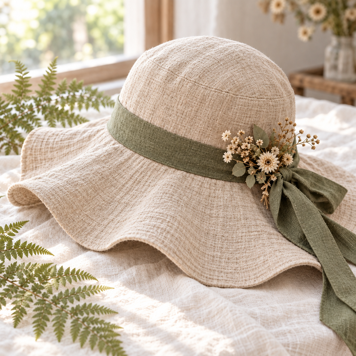 Detail of olive ribbon and flower accent on oatmeal Mori Kei sun hat