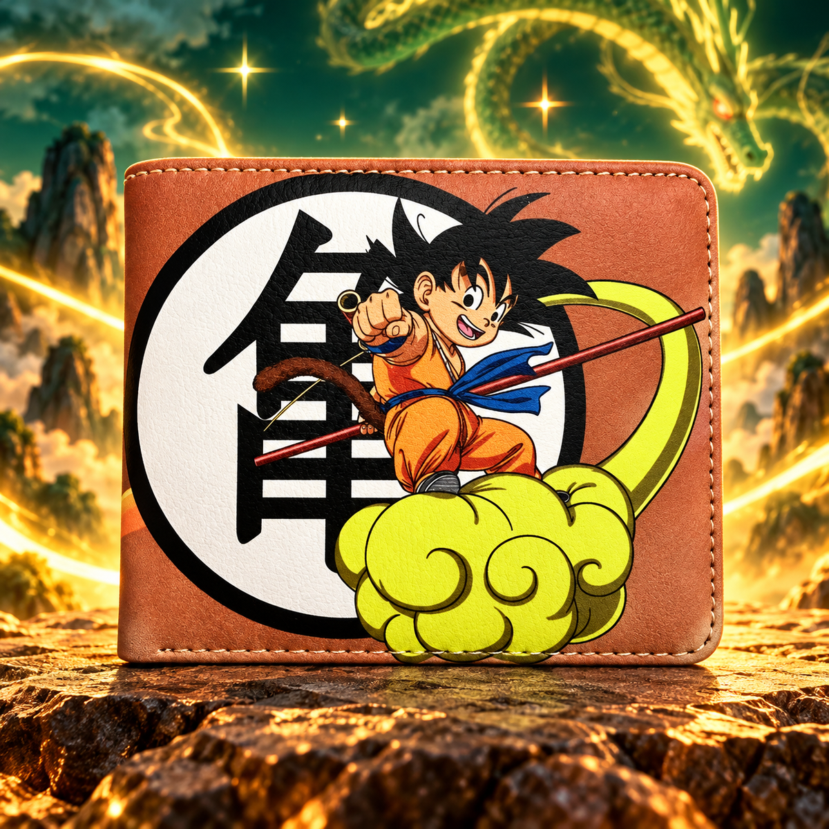 Son Goku Shenron wallet, closed front view in copper, jade, and gold