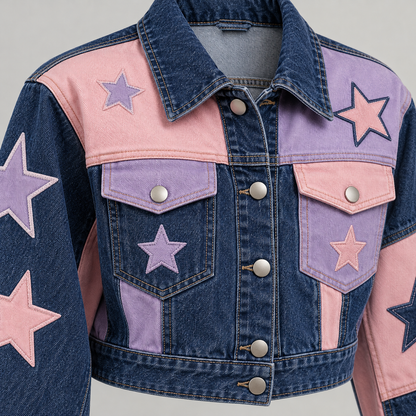 Model wearing a cropped star patchwork Harajuku jacket