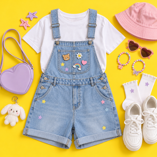 Light-wash denim overall shorts with colorful pins, front product view