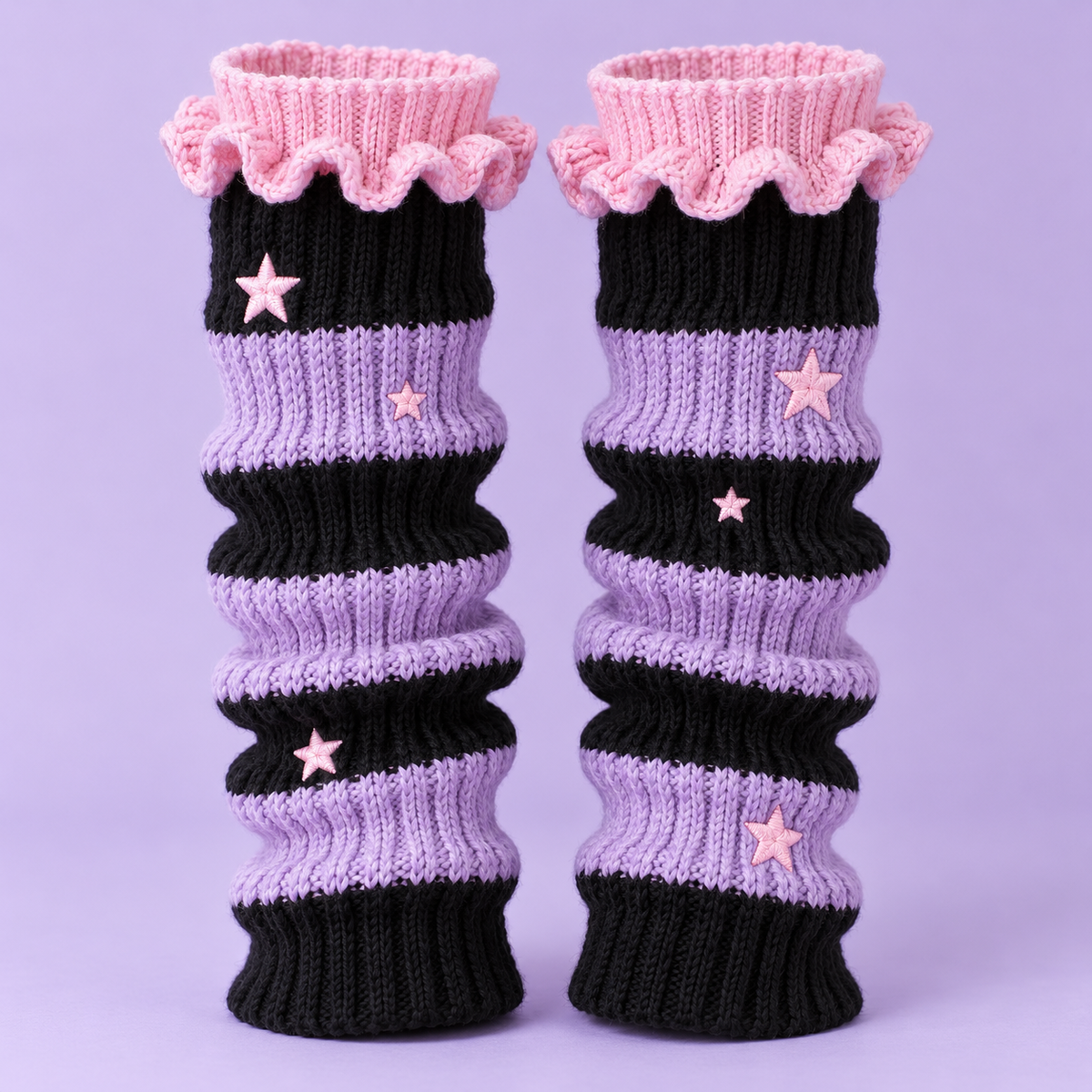 Black and lavender striped Harajuku leg warmers with pink ruffle cuffs