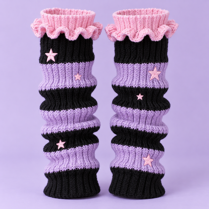 Black and lavender striped Harajuku leg warmers with pink ruffle cuffs