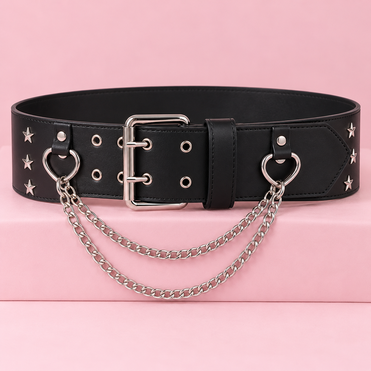 Black Harajuku belt with silver heart chains and star studs