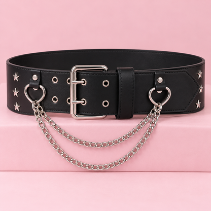 Black Harajuku belt with silver heart chains and star studs