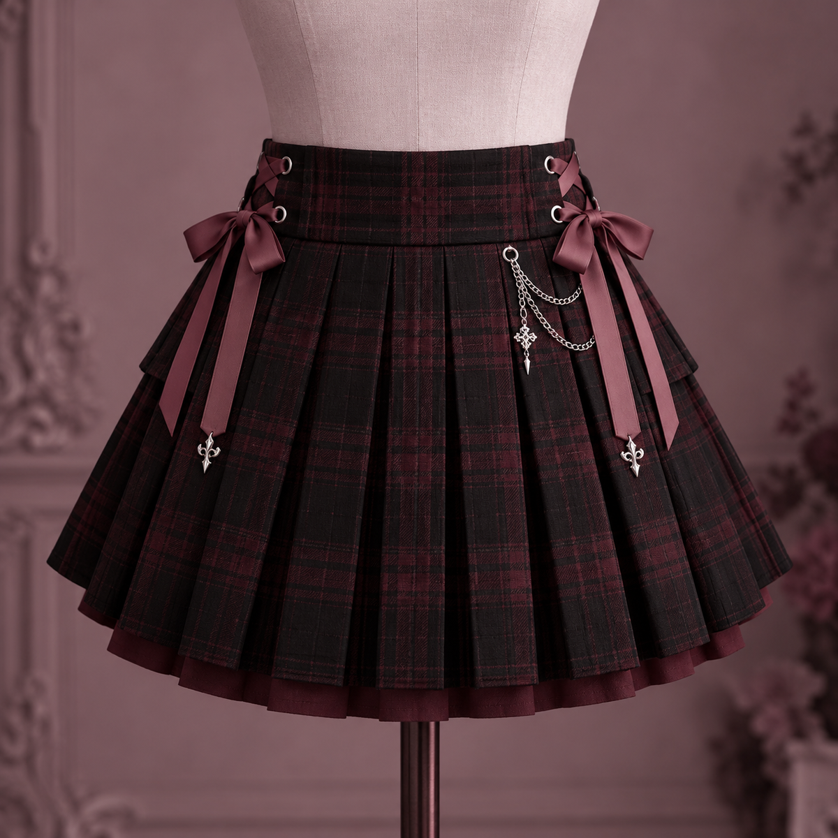 Black burgundy plaid Jirai Kei pleated skirt with dusty rose bows