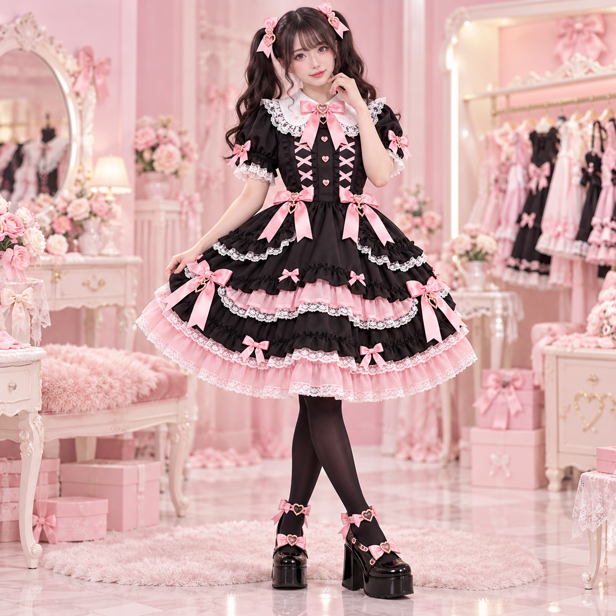 Black and pink Harajuku dress styled with opaque tights and platform shoes